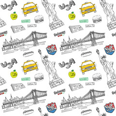 New York city seamless pattern with Hand drawn sketch taxi, hotdog, burger, statue of liberty, newspaper, manhatan bridge. Drawing doodle vector illustration, isolated on white - obrazy, fototapety, plakaty