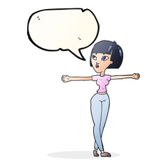 speech bubble cartoon woman spreading arms