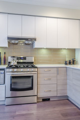 Modern, bright, clean, kitchen interior with stainless steel appliances in a luxury house