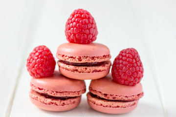 Raspberry Macaroons with Raspberries on Light Background