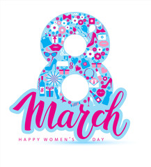 8 March vector card of icons.