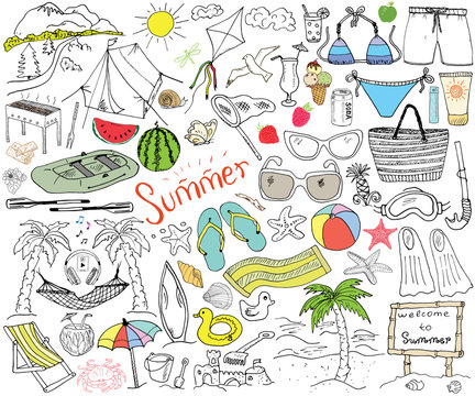 Summer season doodles elements. Hand drawn sketch set with sun, umbrella, sunglasses, palms and hammock, beach, camping items, mountains, tent, raft, grill, kite. Drawing doodle, isolated on white