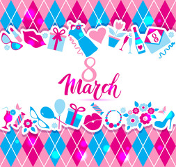 8 March vector card of icons.