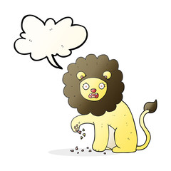 speech bubble cartoon lion with thorn in foot