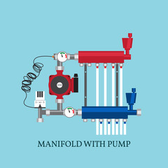 Manifold with Pump for  warm floor.  Vector illustration. Flat h