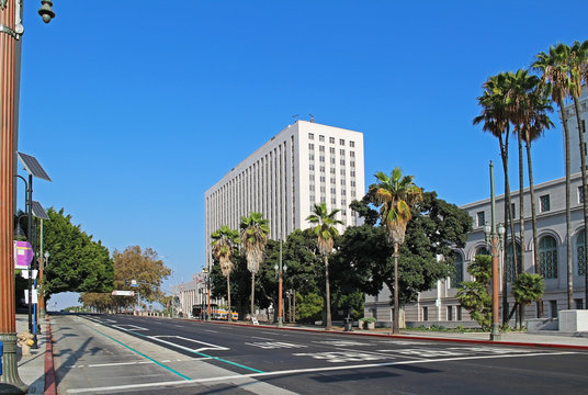 Empty street in the area of Civic Center of Los Angeles. USA.