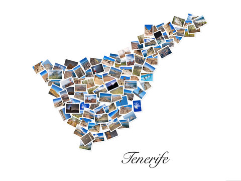 A collage of my best travel photos of Tenerife, forming the shape of Tenerife island, version 1.