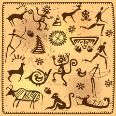 Fototapeta na wymiar Set elements African petroglyph art old