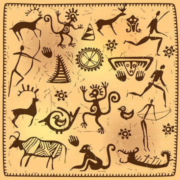 Set elements African petroglyph art old