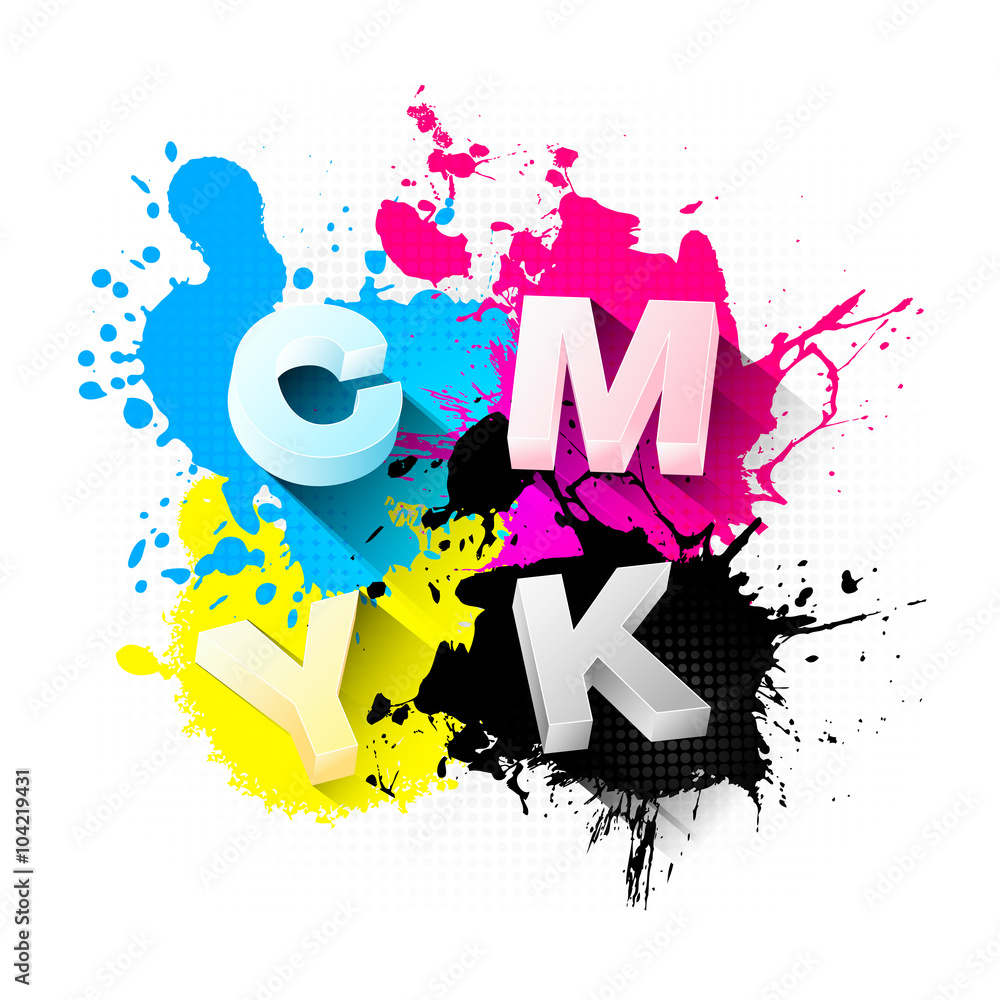 Poster cmyk print concept with 3d letters and splashes