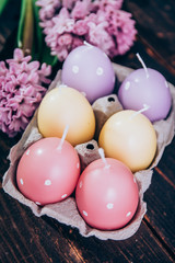 Sechs bunte Eierkerzen mit Hyazinthe