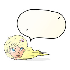 speech bubble cartoon woman with blowing hair