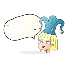 speech bubble cartoon woman wearing jester hat