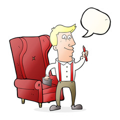 speech bubble cartoon man with notebook and pen
