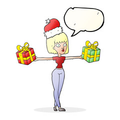 speech bubble cartoon woman with xmas presents