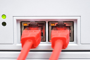 closeup of two network high speed ports on network switch