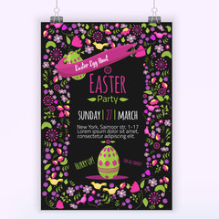 Easter floral invitation with colorful eggs on dark background. Can be used for easter greetings, easter icons, banners.