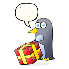 speech bubble cartoon penguin with christmas present