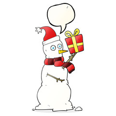 speech bubble cartoon snowman holding present