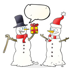 speech bubble cartoon snowmen exchanging gifts