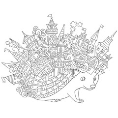 Zentangle stylized cartoon hedgehog, isolated on white background. Sketch for adult antistress coloring page. Hand drawn doodle, zentangle, floral design elements for coloring book.