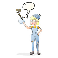 speech bubble cartoon female worker with coffee mug