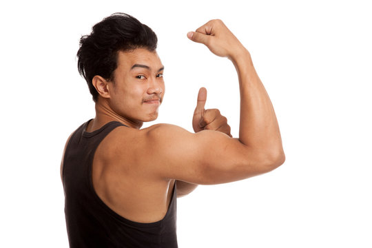 Back Of Muscular Asian Man Flexing Biceps Isolated On White Background  Stock Photo, Picture and Royalty Free Image. Image 53744652.