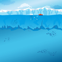 Background with long Iceberg and ship. Vector