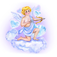 Watercolor drawing of cupid, love angel with wings in the sky. Saint Valentine's Day greeting card design. Handsome blond man with bow and arrow. Eros God of Love. Hand drawn painting