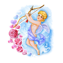 Watercolor drawing of cupid, love angel with wings in the sky. Saint Valentine's Day greeting card design. Handsome blond man with bow and arrow. Eros God of Love. Hand drawn painting - 104223444