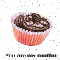Colorful watercolor painting of small cupcake, muffin with chocolate cream