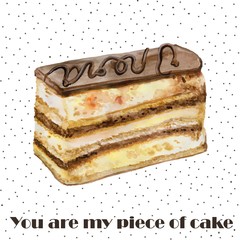 Colorful watercolor painting of chocolate Opera cake piece