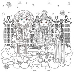 Vector cute girls in winter hat in old town with sledge and bird.Vector line illustration.Sketch for postcard or print or coloring adult book.Boho zentangle style.