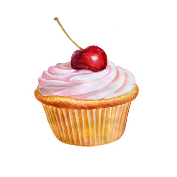 Colorful watercolor painting of small cupcake, muffin with vanilla berry cream and red cherry on top