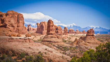 landscape of sandstone pinnacles in the moab desert