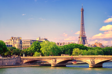 Eiffel tower rising over Seine river, Paris, France