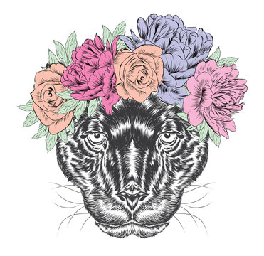 Black Panther in a wreath of flowers . Print . Hipster. Postcard Panther .