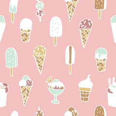 Hand drawn ice cream seamless pattern on  background.