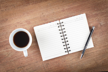 Blank open notebook with coffee cup, Business template mock up f