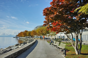 Amazing Autumn Landscape of embankment of town of Vevey and Lake Geneva, canton of Vaud,...