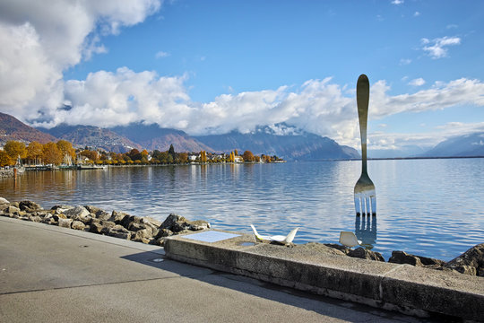 Panorama of Lake Geneva from town of Vevey, canton of Vaud, Switzerland

