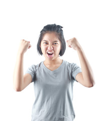 Strong Asian girl showing off muscles. Young happy girl smiling.