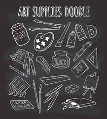 Art supplies doodle on chalkboard