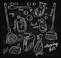 Set of cleaning product doodle on chalk board
