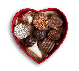 Heart shaped box  with chocolates, isolated, clipping path.
