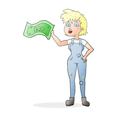 cartoon confident farmer woman with money