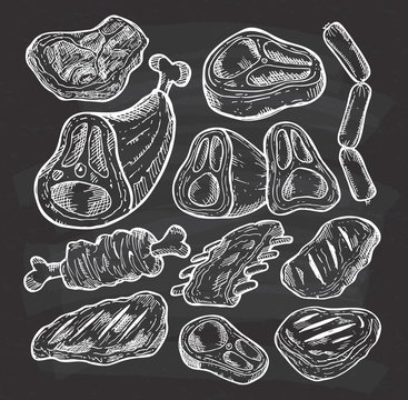 Set of meat in doodle style on chalkboard background