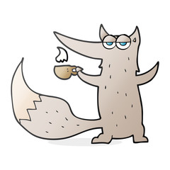 cartoon wolf with coffee cup