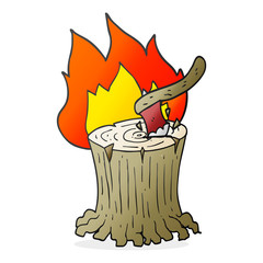 cartoon axe in flaming tree stump