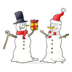 cartoon snowmen exchanging gifts